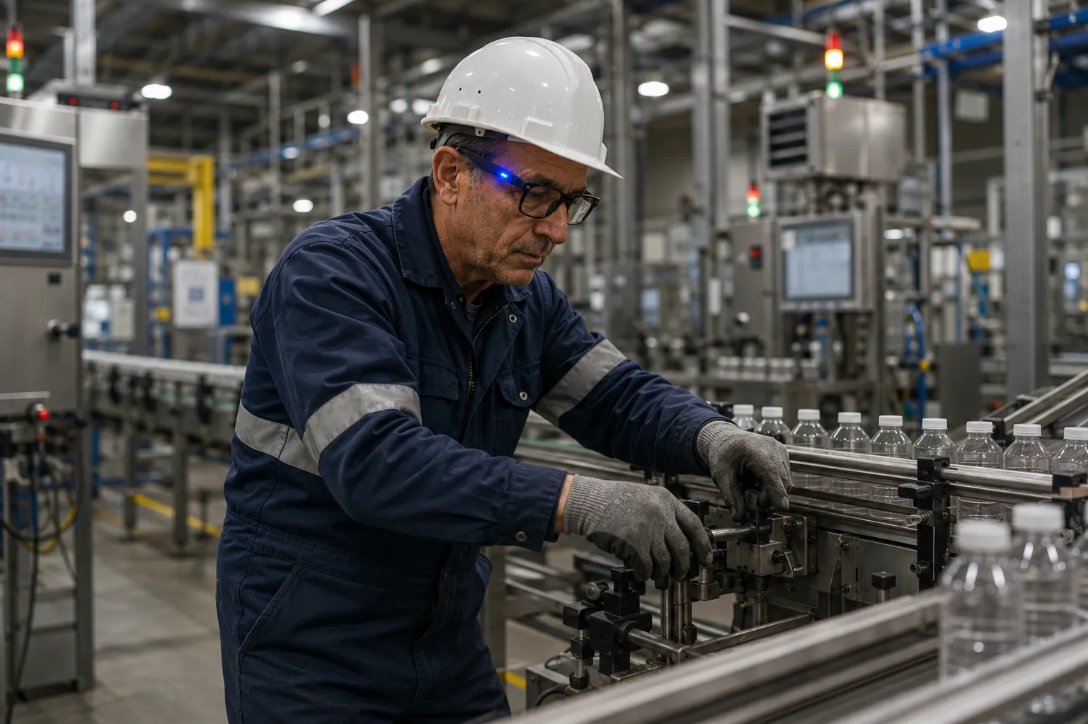 Opérateur industriel équipé en intervention sur une ligne de production